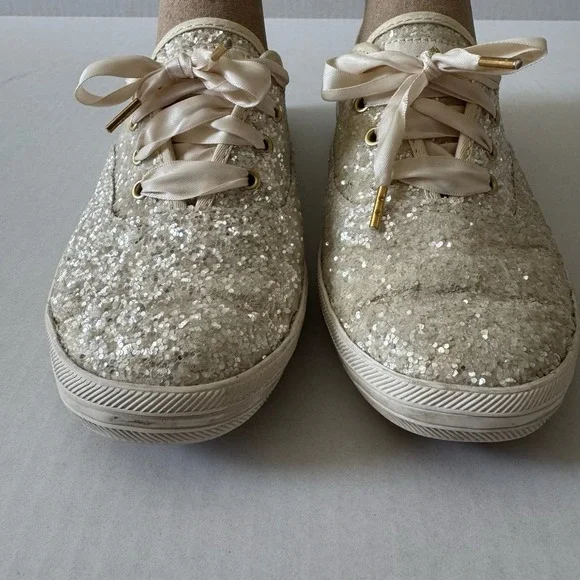 Kate Spade White Sparkle Keds 8.5 Ribbon Laces Bridal Wedding Bride Bling - Picture 3 of 11